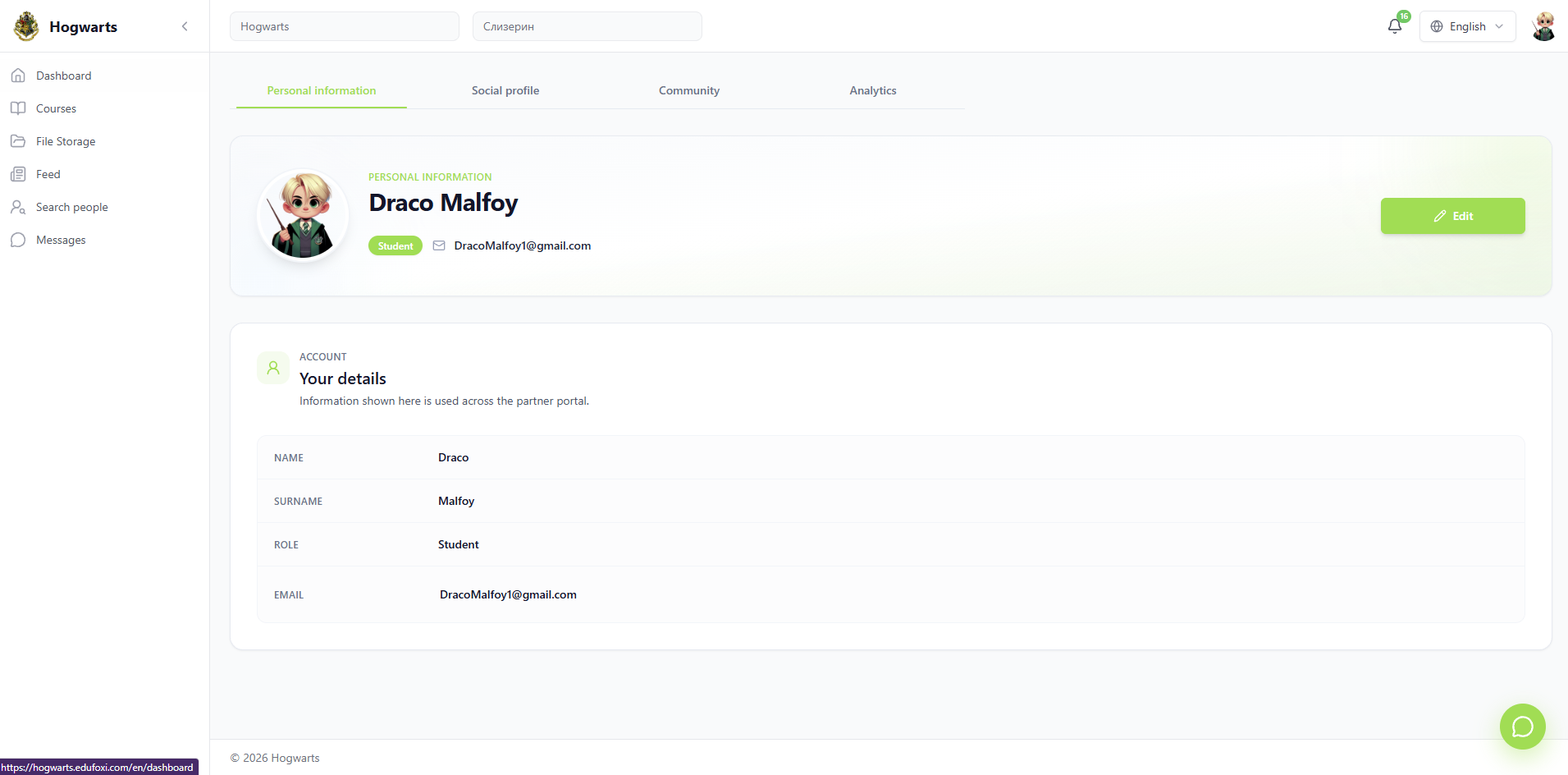 Account — EduFoxi learner workspace — courses, tasks, chat, files