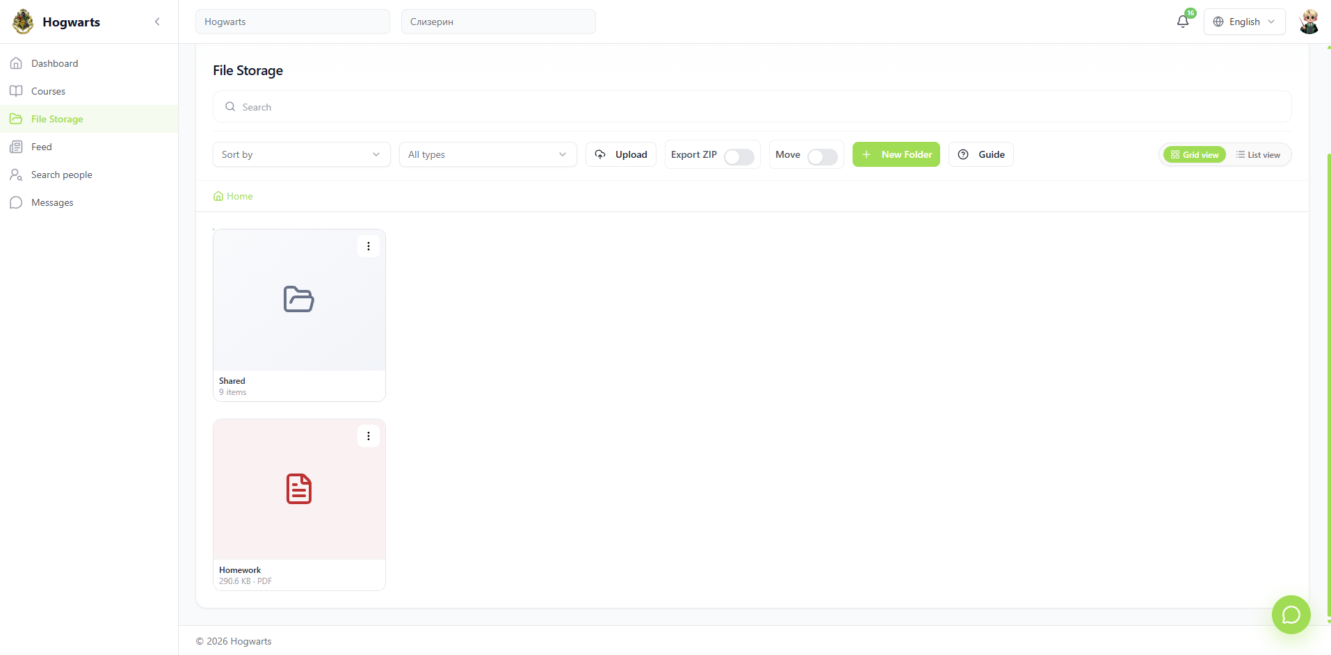 Storage — file actions — EduFoxi learner workspace — courses, tasks, chat, files