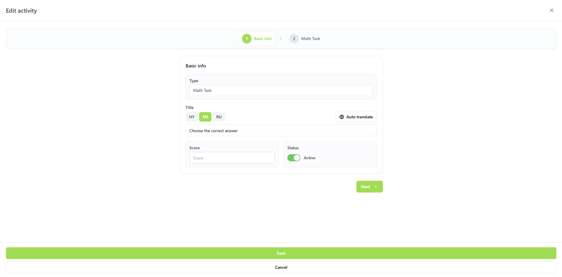 Authoring — step 1 — EduFoxi school console — content, classes, roles, analytics