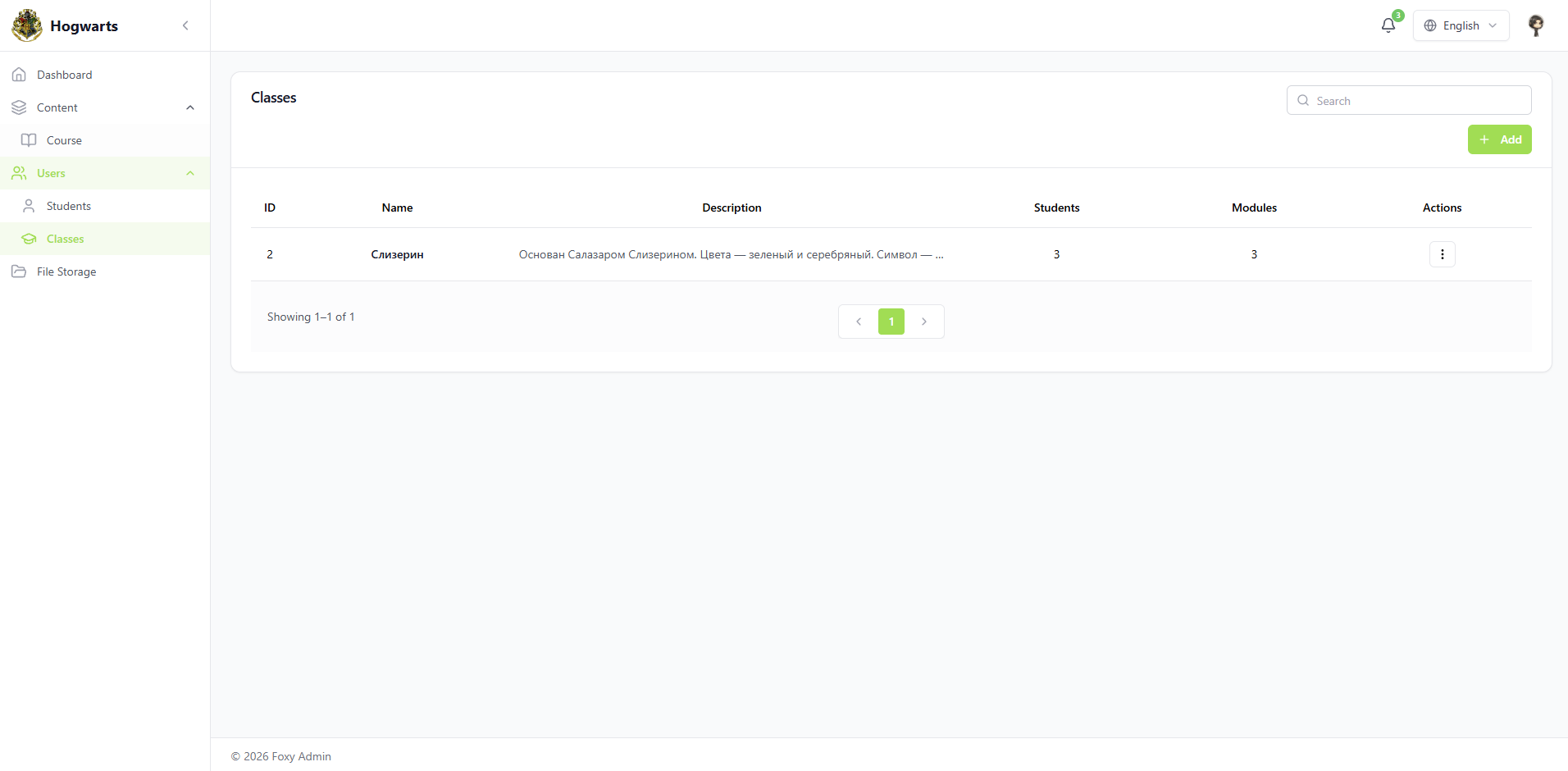 Classes — EduFoxi school console — content, classes, roles, analytics