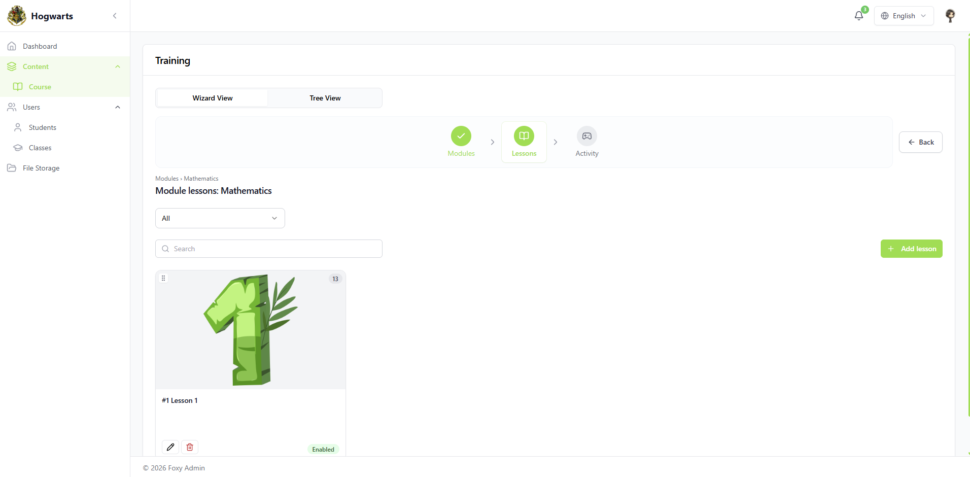 Lessons — EduFoxi school console — content, classes, roles, analytics