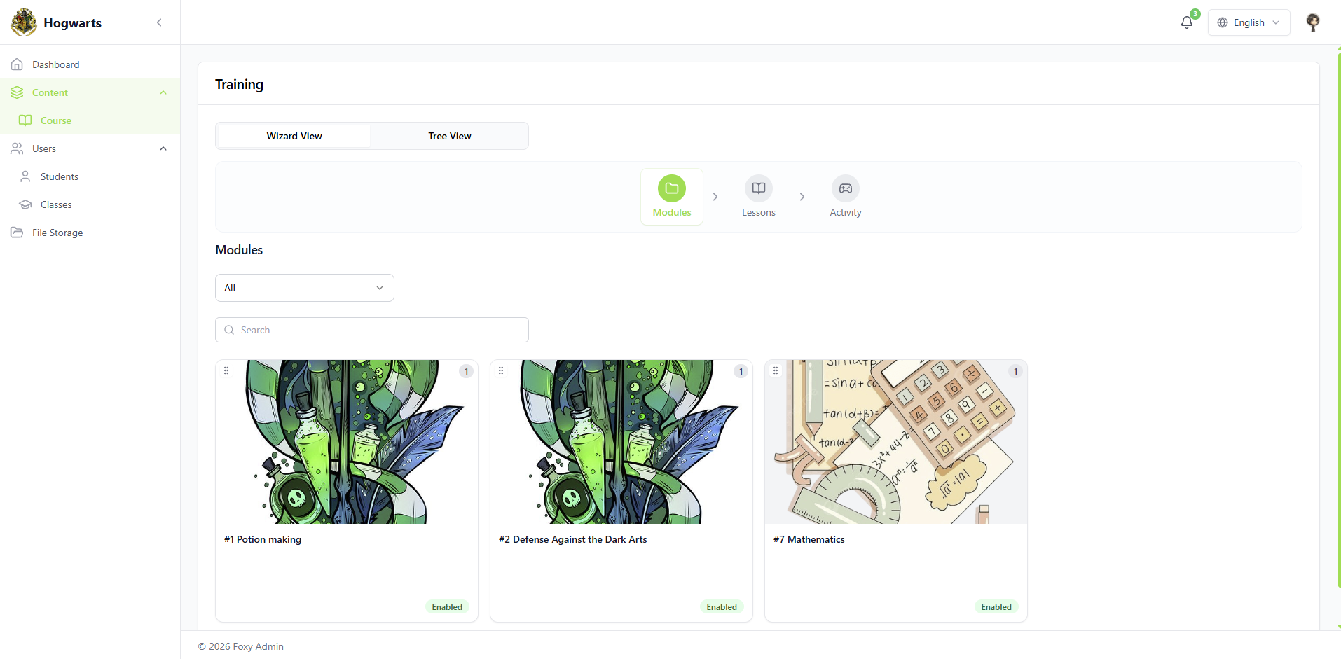 Course subjects — EduFoxi school console — content, classes, roles, analytics