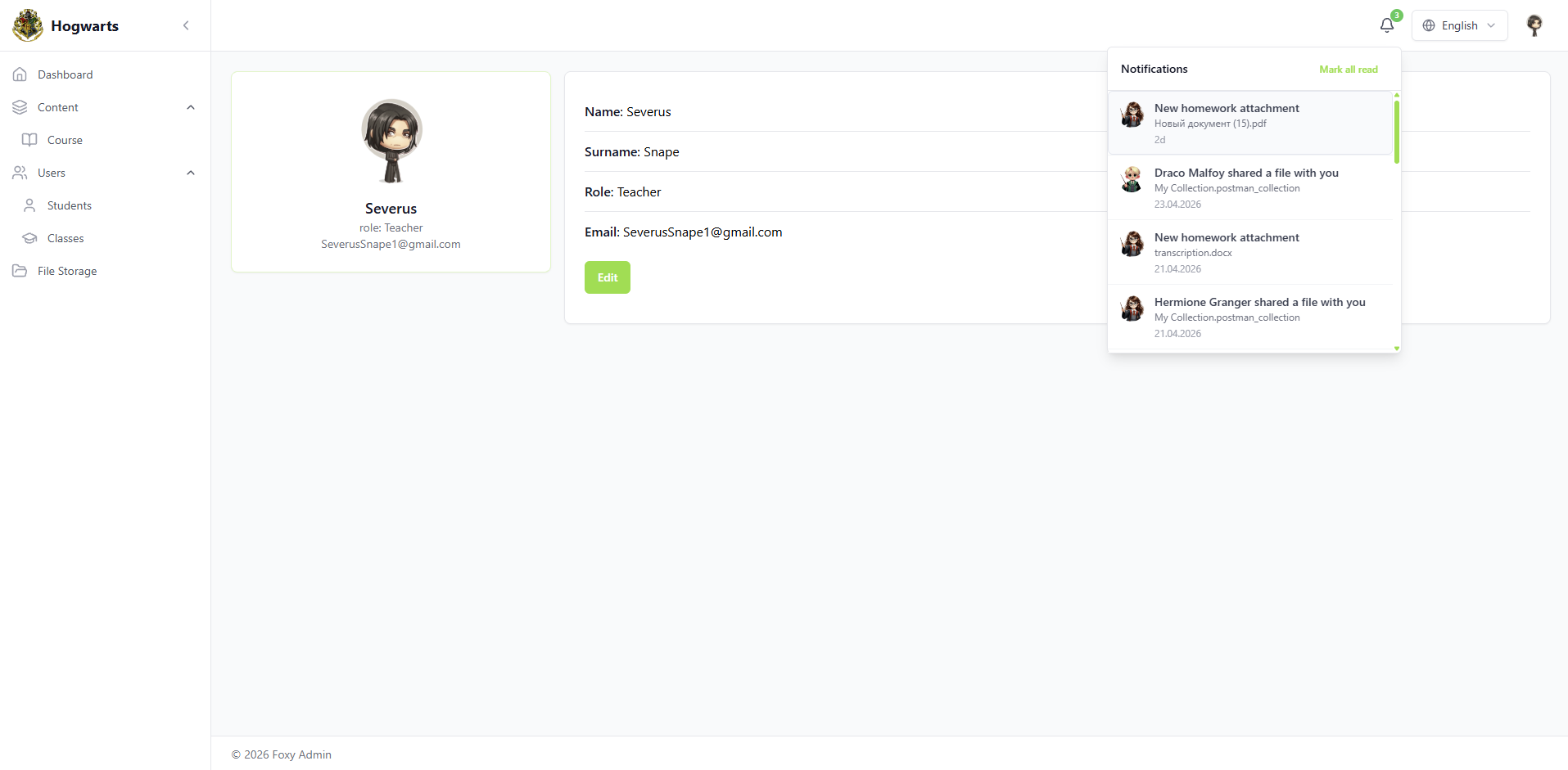 Notifications — EduFoxi school console — content, classes, roles, analytics