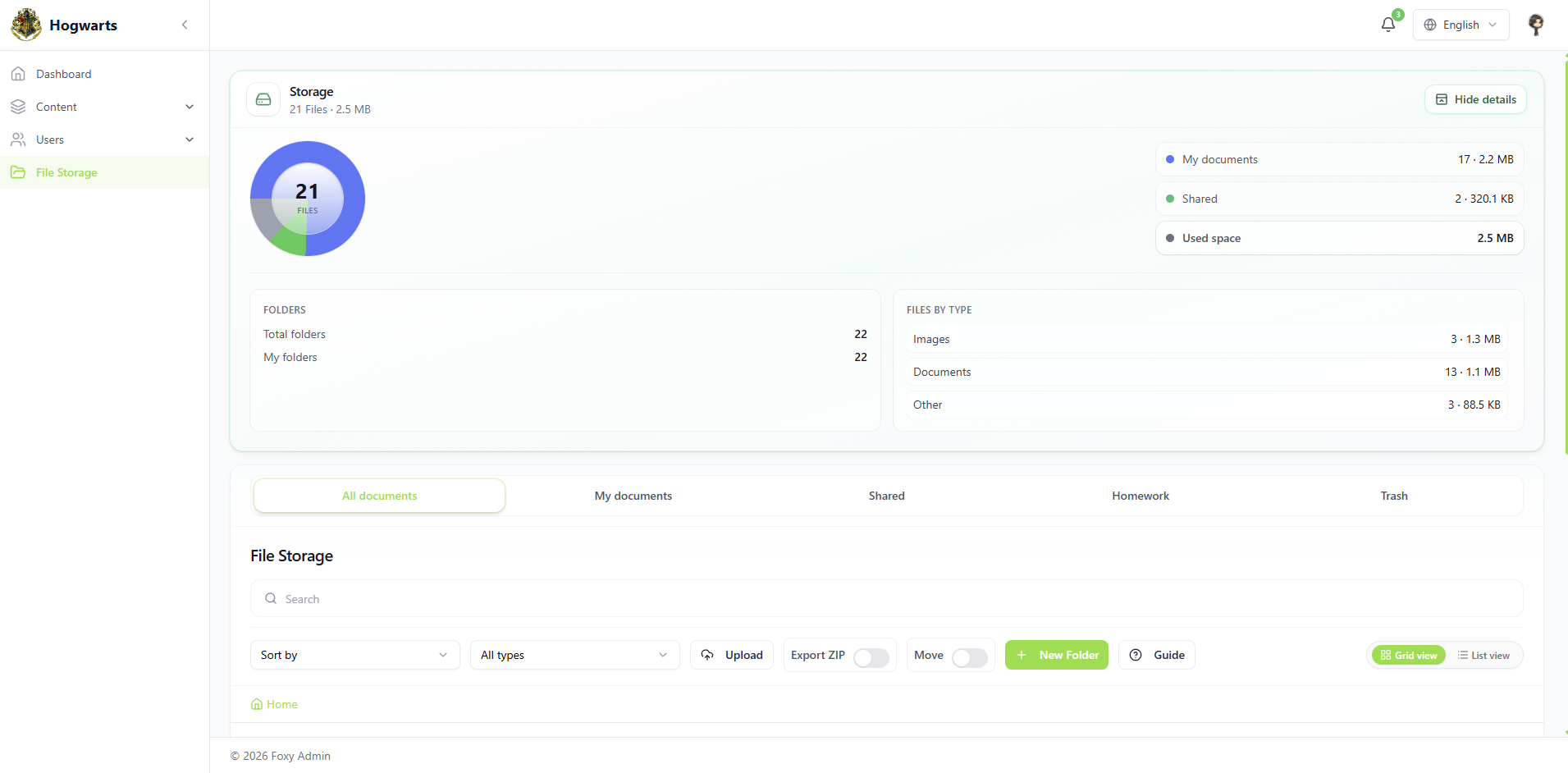 Storage — EduFoxi school console — content, classes, roles, analytics